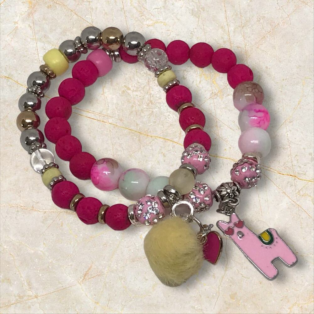 Pink & Yellow Larva Rock Glass Stretchy Statement Handmade Eclectic Bracelet Set